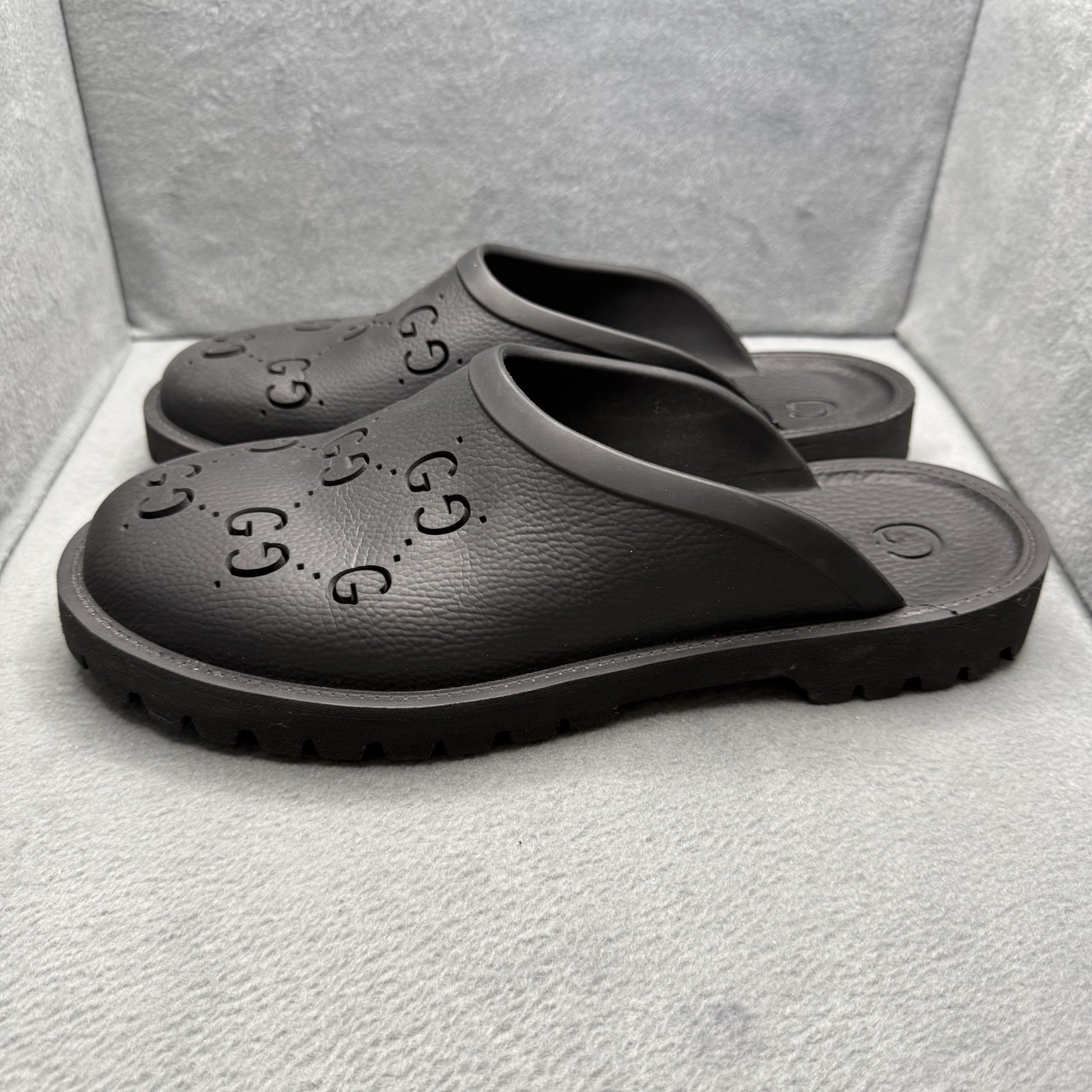 Gucci Cut Out Monogram Black 100% Rubber Slip-On Sandals Men's G 11 Us 12